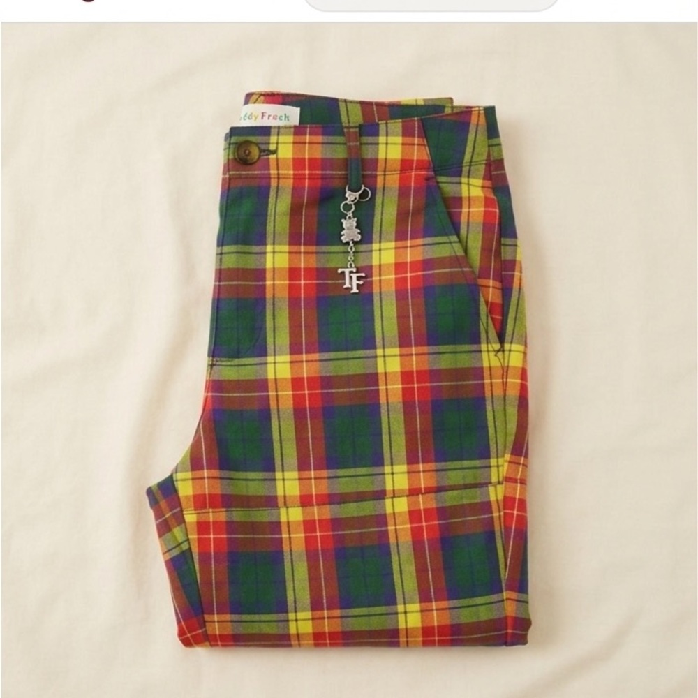 Teddy Fresh Multicolor Plaid Straight Leg Pants Rainbow Tartan Bear Charm Sz 26 - Picture 6 of 12